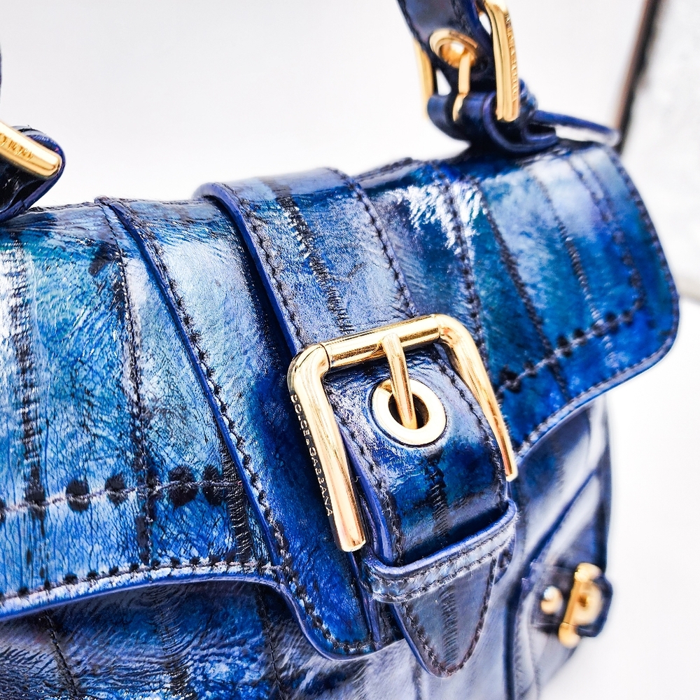 Dolce & Gabbana Blue Denim Print Patent Leather Designer Mind Shoulder Hand Bag - Picture 3 of 10